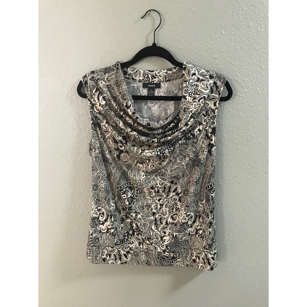 Alfani Womens Black Cream Paisley Cowl Neck Sleeveless Blouse Top Medium M